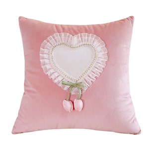 粉色爱心蕾丝花朵抱枕奶油风郁金香可爱少女心沙发靠枕床头靠垫套
