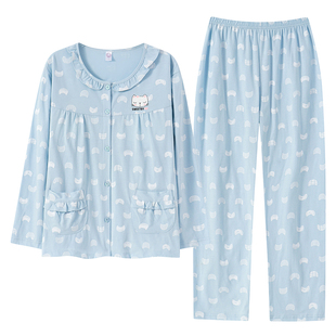 纯棉睡衣女春秋季长袖带胸垫妈妈中老年宽松大码秋冬天家居服套装