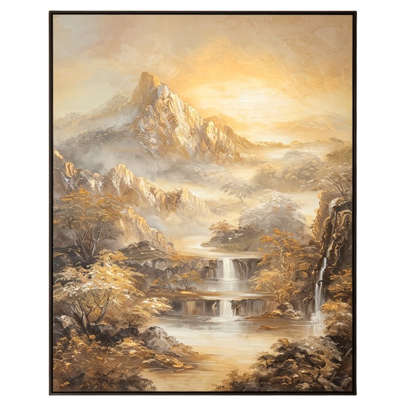 大芬村手绘暖光山水瀑布油画