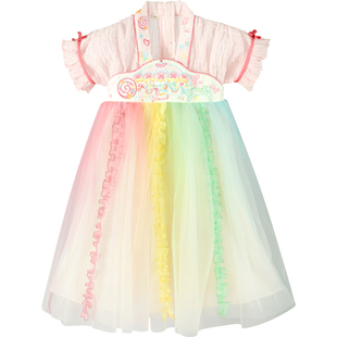 乌扣.彩虹泡泡 汉服女童夏季薄款儿童短袖超仙襦裙古风连衣裙夏装