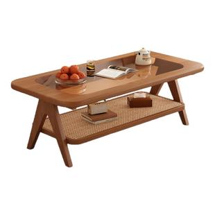实木茶几客厅家用藤编玻璃喝茶桌子2025新款高级感小户型阳台茶桌