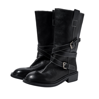 开怀依足现货西部靴2025冬季新款工匠系列水洗牛皮缠带骑士靴短靴