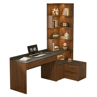 实木转角书桌书架一体桌子学生家用卧室拐角L型书桌书柜定制9L81