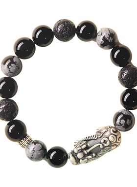 天然黑曜石足银貔貅手串