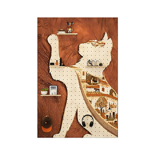 中古风猫咪图案洞洞板造型墙玄关实木置物架收纳打孔式艺术展示架