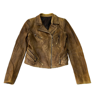 古着皮衣vintage斜拉机车修身真皮夹克绵羊皮女士外套y2k毛领长袖