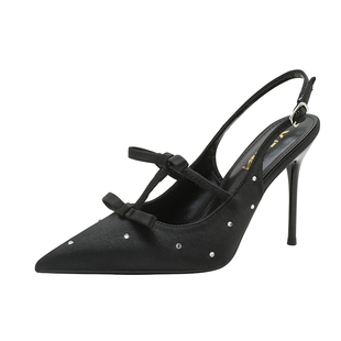 尖头水钻缎面高跟鞋女2025春季新款蝴蝶结细跟凉鞋后空性感宴会鞋