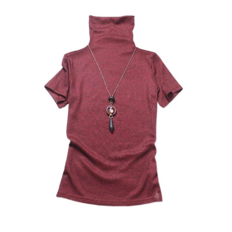 欧洲站新款洋气女士早春针织毛衣酒红色高端短袖女t恤上衣打底衫
