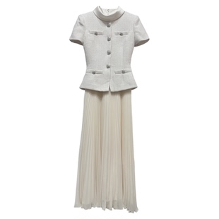 秋冬新品女装漂亮好看米白色连衣裙毛呢拼接假两件长裙修身晚礼服