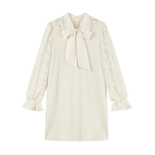 秋水伊人经典千金风连衣裙2025年冬季新款短款H型优雅领口飘带裙