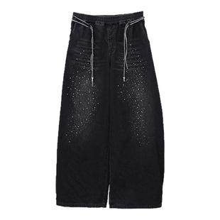 CBXLAB街舞潮牌黑色烫钻双抽绳牛仔休闲裤复古水洗嘻哈香蕉长裤潮