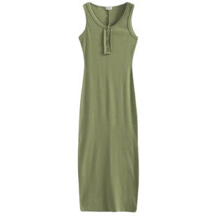 背心连衣裙2025夏季吊带长裙无袖纯色优棉收腰显瘦紧身气质纽扣裙