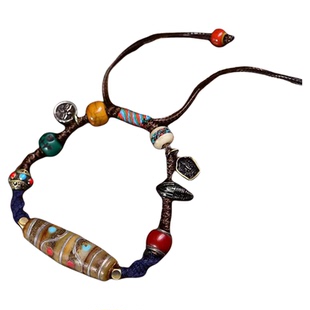 藏区牦牛骨老银镶嵌多宝天珠手工编织手绳可调节藏式文玩复古手链