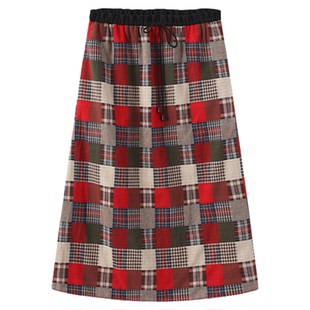 310MOOD红色2025春夏新款纯棉复古百搭宽松系带拼接格纹半裙女