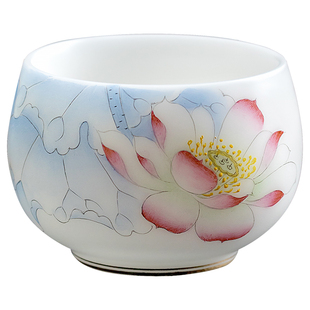 妙莲天香《荷花美景》中式冰种玉陶瓷手绘荷花主人杯个人专用单杯