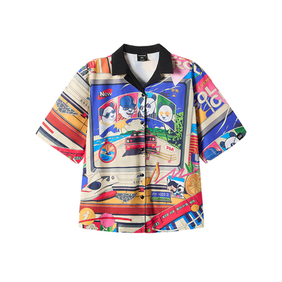 韦恩泽维尔古巴领短袖卡通衬衫