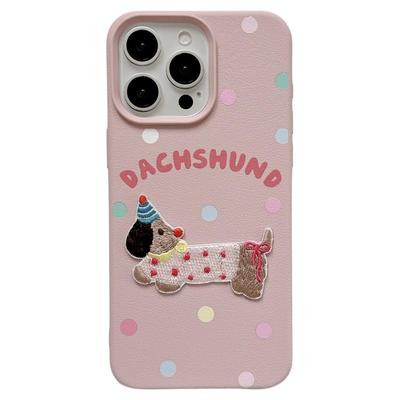 jze 可爱彩色波点腊肠狗刺绣适用苹果17ProMax手机壳iphone15秋冬新款16pro女款13卡通15pro皮纹14防摔保护套