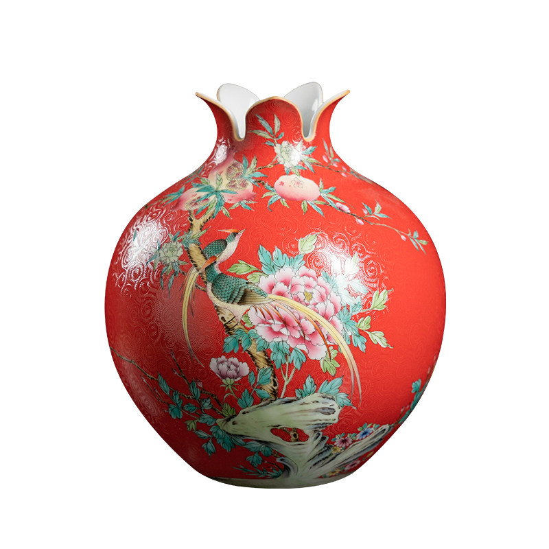 红地扒花花鸟陶瓷花瓶景德镇摆件