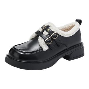 15mins厚底毛毛鞋女秋冬2025年新款加绒保暖小皮鞋一脚蹬jk制服鞋