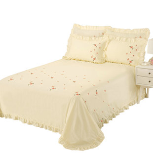 双人床单单件纯棉绣花100全棉公主风米黄色2024新款枕套三件套