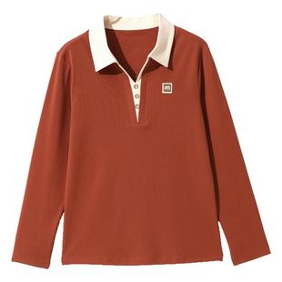 桔红色纯棉长袖t恤女春秋装女装新款中年妈妈早秋翻领百搭打底衫