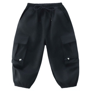 女童裤子外穿2026新款宝宝春秋季时髦潮款口袋黑色工装裤收口长裤