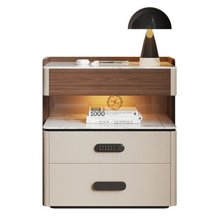 带灯床头柜智能可充电多功能轻奢高级感2025新款实木指纹锁保险箱