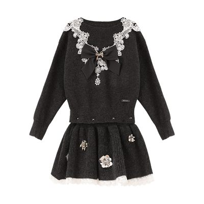 【年货狂欢季】4MILE BY KSMILE 蕾丝拼接可拆卸针织连衣裙套装