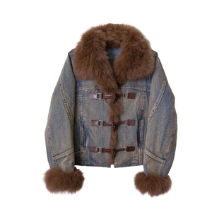 ENJOY商场同款狐狸毛领拼接牛仔羽绒服女冬季保暖白鸭绒短款外套