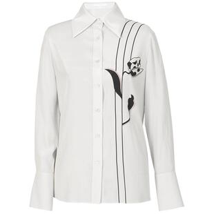 OBEG欧碧倩时尚花朵印花衬衫秋黑白撞色上衣女10441013