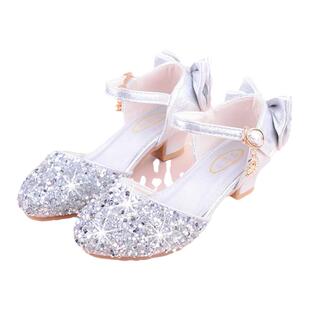 女童公主鞋艺考晚礼服洛丽塔百搭高跟鞋演出皮鞋高跟水晶儿童鞋子