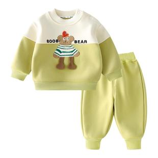 宝宝加绒卫衣套装婴儿保暖套装男女儿童秋装秋冬季加厚两件套卫衣