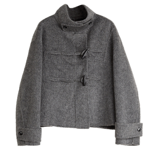 【自营】ELLE骆驼绒牛角扣毛呢外套女2024冬季新款短款呢大衣连帽