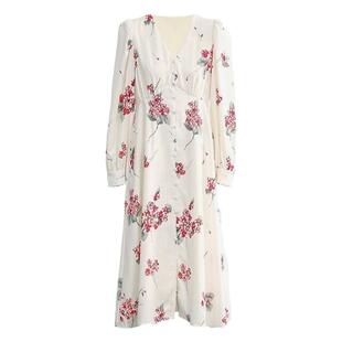 钟楚曦同款法式复古v领长袖碎花连衣裙轻熟风收腰显瘦减龄a字裙女