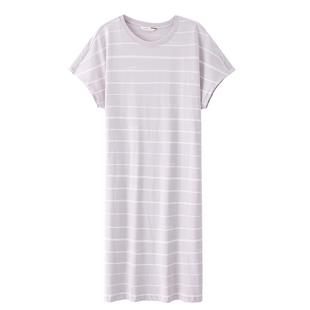康妮雅夏季女睡裙圆领连衣裙条纹纯棉短袖条纹宽松大码中裙可外穿
