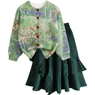 森系油画风女童套装水貂绒毛衣半身裙子2025秋冬新款拜年服两件套