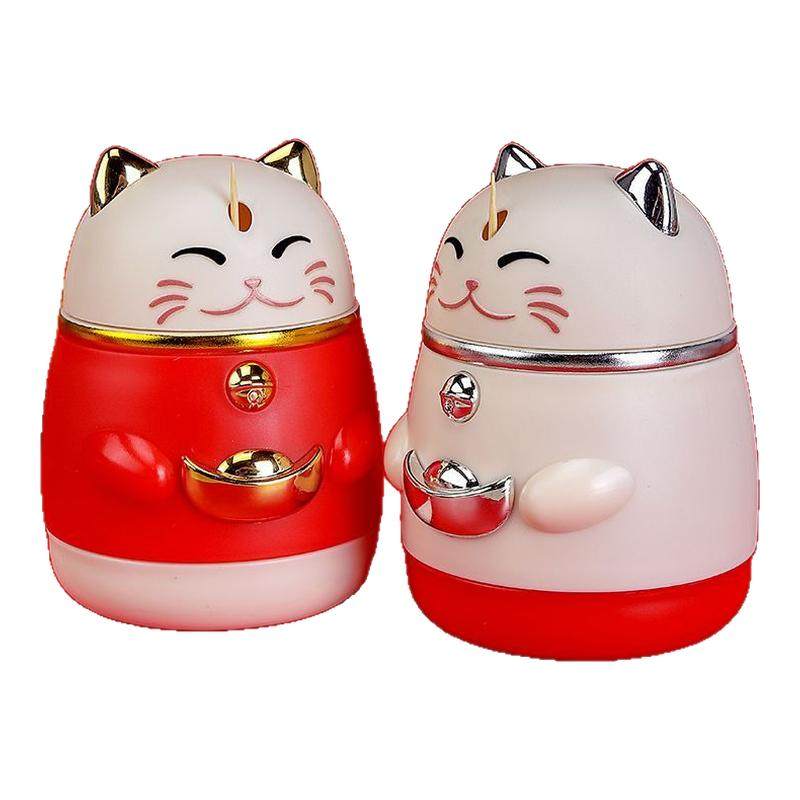 新款招财猫牙签筒创意按压轻奢牙签盒高档客厅餐厅家用红色牙签罐
