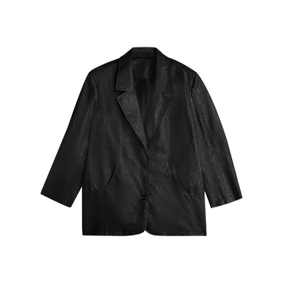 CIZZLEMORE 揉纹中长款宽松时尚百搭西服设计感皮衣西装外套女