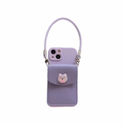 紫色可爱小狗卡包斜挎挂绳手机壳