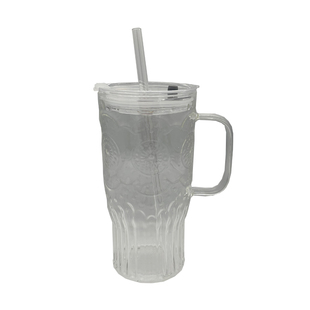 700ml超大容量吸管杯有盖耐热玻璃杯立体浮雕带把冷饮果汁手柄杯