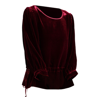 重磅真丝绒t恤女2026秋冬新长袖植绒系带遮肚优雅纯色桑蚕丝上衣