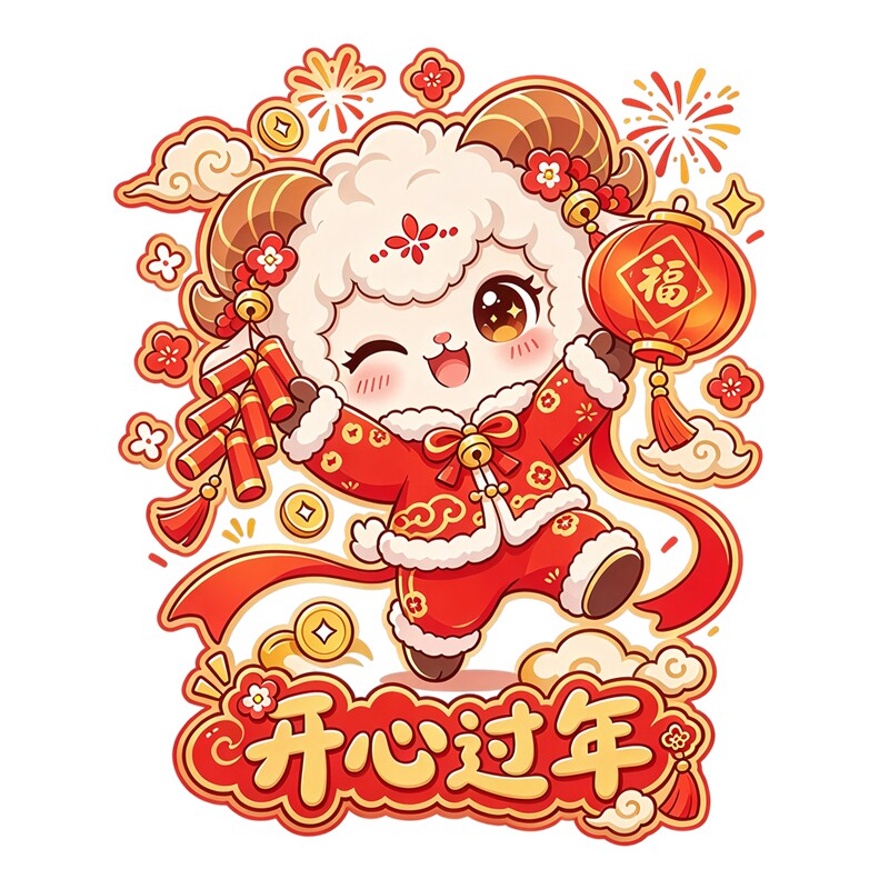 萌趣小羊提福玻璃贴灯笼放鞭炮开心过年新春喜庆防水自粘装饰贴纸