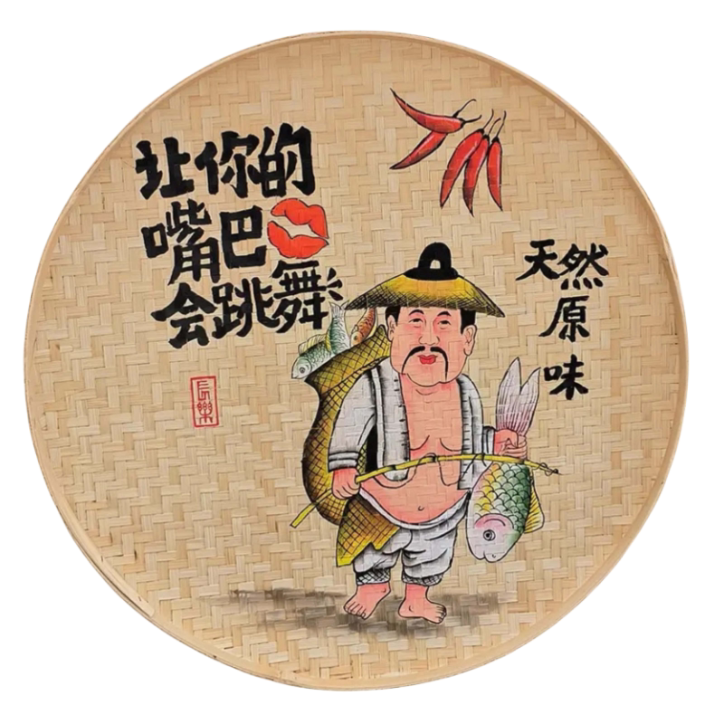 手绘簸箕画店铺墙面装饰竹编画