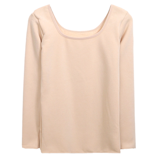 冬季加绒加厚保暖内衣女上衣纯色大圆领长袖U领T恤内搭秋衣打底衫