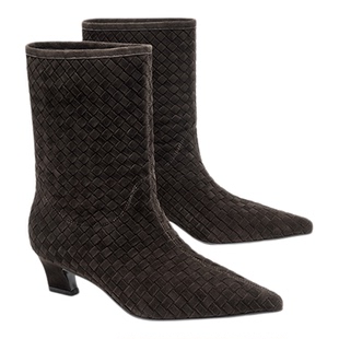 MD女鞋·蔓芊·手工编织鞋2025新款瘦瘦靴女复古尖头中筒靴子袜靴