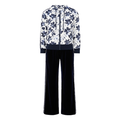 马天奴宝蓝印花外套休闲裤套装