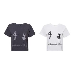 TOP家 心之所向 法式复古优雅芭蕾圆舞印花纯棉圆领宽松短袖T恤女