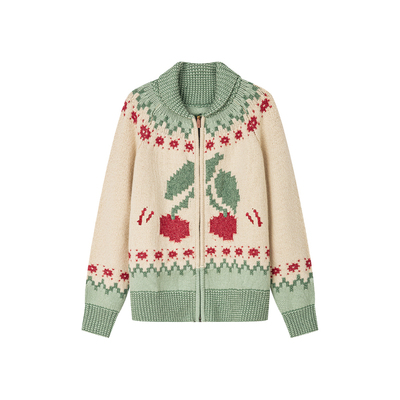 UOOYAA乌丫樱桃嵌花费尔岛毛开衫