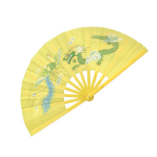 金黄色双面龙凤呈祥太极功夫扇雪龙吟舞蹈扇响扇模特旗袍走秀折扇