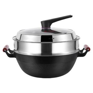 陆川老式铸铁炖锅加深大号蒸锅平底生铁锅家用双耳炒锅铁锅带蒸笼